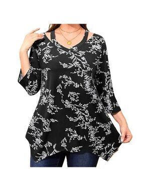 Plus Size 3/4 Sleeve Top V Neck Size Tunic Top Black White 2XL